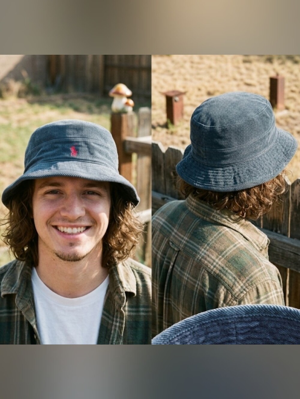 Vintage Polo Ralph Lauren USA Corduroy Bucket Hat – Slate Blue / Red Pony Medium